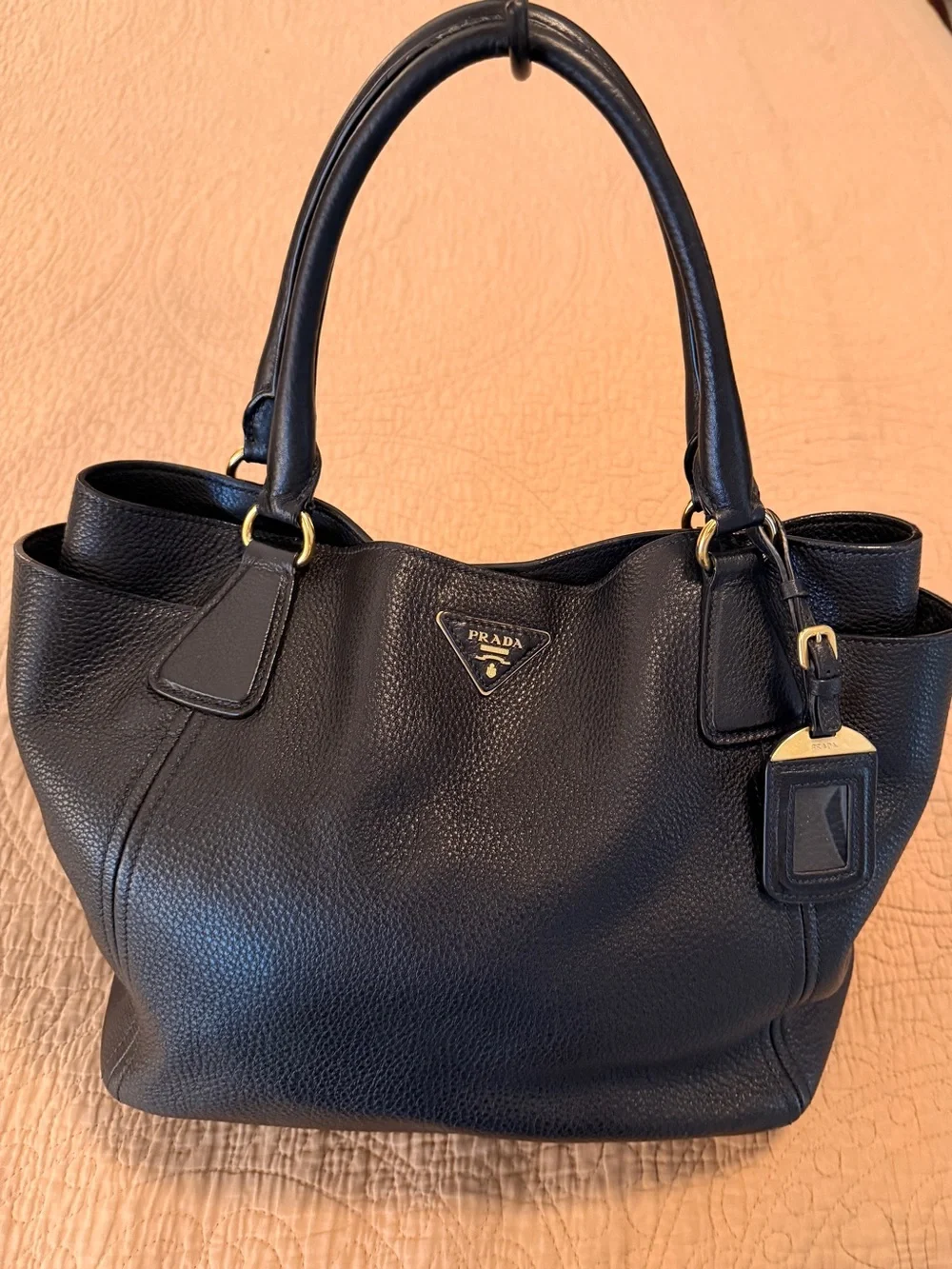 Prada Daino Side Pocket Black Pebbled Leather Tote with Gold Logo